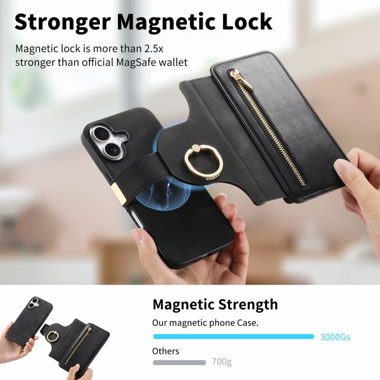 For iPhone 16 Ring Zipper Wallet RFID Blocking MagSafe Leather Phone Case(Black) - iPhone 16 Cases by buy2fix | Online Shopping UK | buy2fix