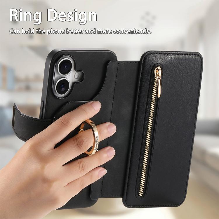 For iPhone 16 Ring Zipper Wallet RFID Blocking MagSafe Leather Phone Case(Black) - iPhone 16 Cases by buy2fix | Online Shopping UK | buy2fix