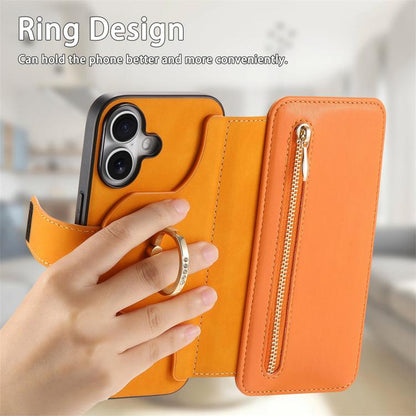 For iPhone 16 Ring Zipper Wallet RFID Blocking MagSafe Leather Phone Case(Orange) - iPhone 16 Cases by buy2fix | Online Shopping UK | buy2fix