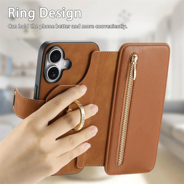 For iPhone 16 Ring Zipper Wallet RFID Blocking MagSafe Leather Phone Case(Brown) - iPhone 16 Cases by buy2fix | Online Shopping UK | buy2fix