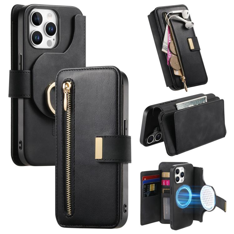 For iPhone 15 Pro Ring Zipper Wallet RFID Blocking MagSafe Leather Phone Case(Black) - iPhone 15 Pro Cases by buy2fix | Online Shopping UK | buy2fix