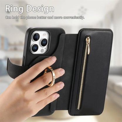 For iPhone 15 Pro Ring Zipper Wallet RFID Blocking MagSafe Leather Phone Case(Black) - iPhone 15 Pro Cases by buy2fix | Online Shopping UK | buy2fix