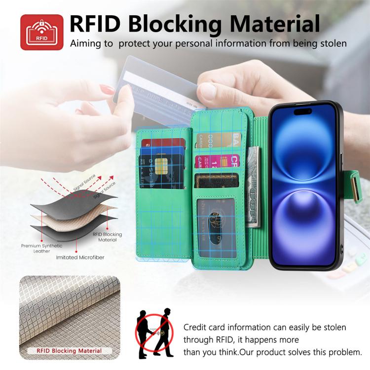 For iPhone 15 Pro Ring Zipper Wallet RFID Blocking MagSafe Leather Phone Case(Green) - iPhone 15 Pro Cases by buy2fix | Online Shopping UK | buy2fix