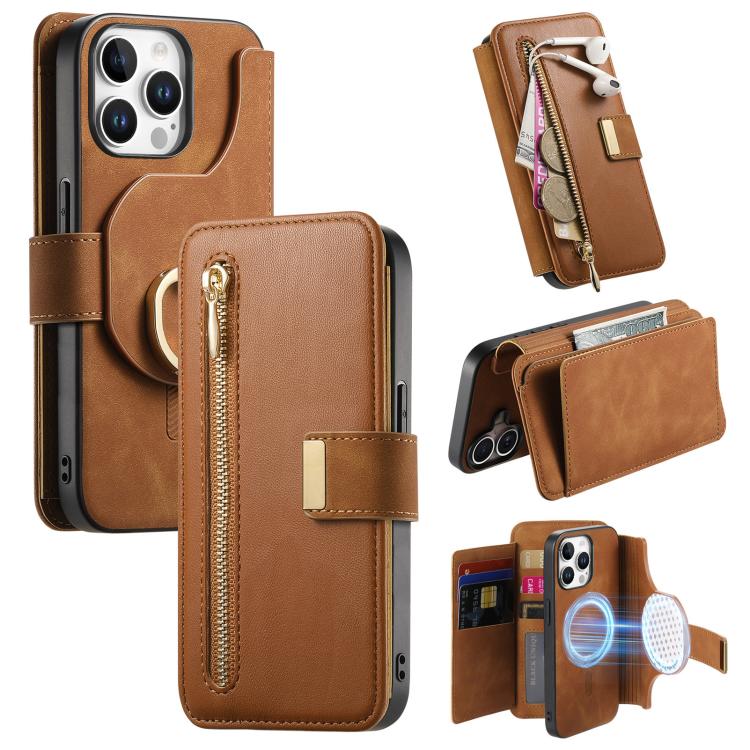 For iPhone 15 Pro Ring Zipper Wallet RFID Blocking MagSafe Leather Phone Case(Brown) - iPhone 15 Pro Cases by buy2fix | Online Shopping UK | buy2fix
