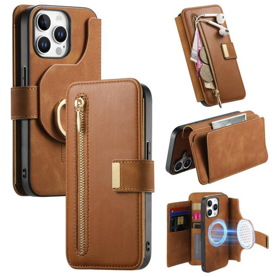 For iPhone 15 Pro Ring Zipper Wallet RFID Blocking MagSafe Leather Phone Case(Brown)