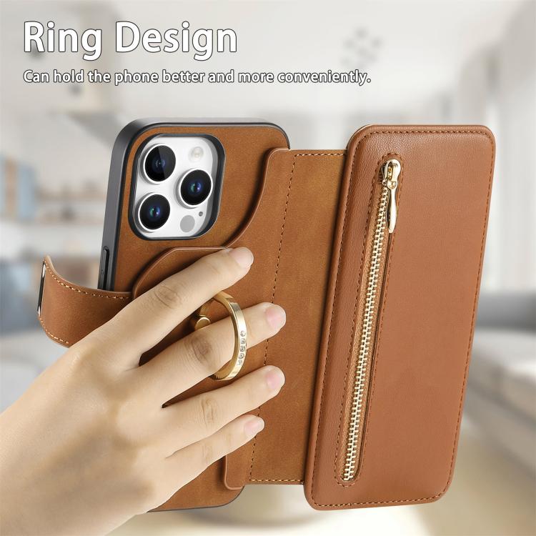For iPhone 15 Pro Ring Zipper Wallet RFID Blocking MagSafe Leather Phone Case(Brown) - iPhone 15 Pro Cases by buy2fix | Online Shopping UK | buy2fix
