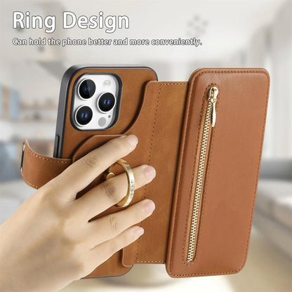 For iPhone 15 Pro Ring Zipper Wallet RFID Blocking MagSafe Leather Phone Case(Brown) - iPhone 15 Pro Cases by buy2fix | Online Shopping UK | buy2fix