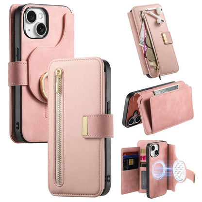 For iPhone 15 Ring Zipper Wallet RFID Blocking MagSafe Leather Phone Case(Pink) - iPhone 15 Cases by buy2fix | Online Shopping UK | buy2fix