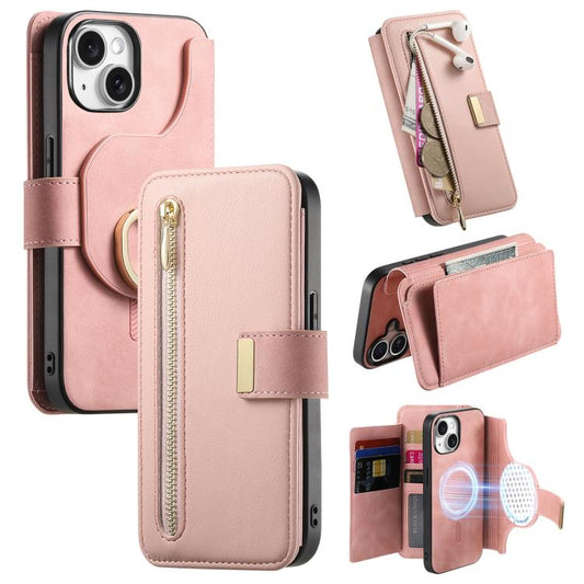 For iPhone 15 Ring Zipper Wallet RFID Blocking MagSafe Leather Phone Case(Pink) - iPhone 15 Cases by buy2fix | Online Shopping UK | buy2fix