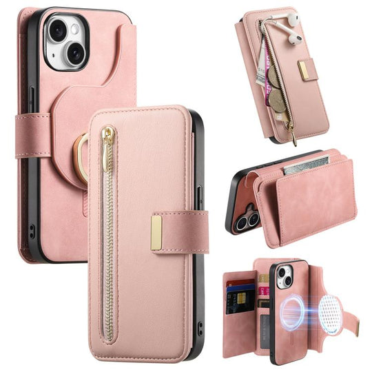 For iPhone 15 Ring Zipper Wallet RFID Blocking MagSafe Leather Phone Case(Pink)