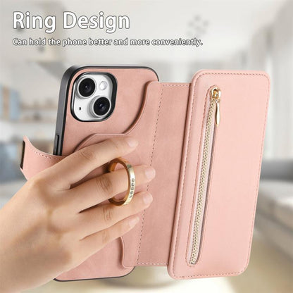 For iPhone 15 Ring Zipper Wallet RFID Blocking MagSafe Leather Phone Case(Pink) - iPhone 15 Cases by buy2fix | Online Shopping UK | buy2fix
