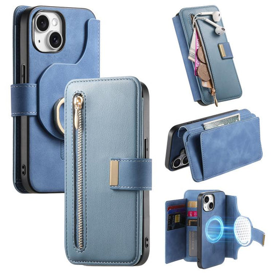 For iPhone 15 Ring Zipper Wallet RFID Blocking MagSafe Leather Phone Case(Blue) - iPhone 15 Cases by buy2fix | Online Shopping UK | buy2fix
