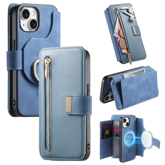 For iPhone 15 Ring Zipper Wallet RFID Blocking MagSafe Leather Phone Case(Blue)