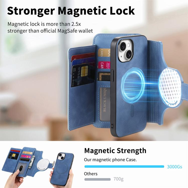 For iPhone 15 Ring Zipper Wallet RFID Blocking MagSafe Leather Phone Case(Blue) - iPhone 15 Cases by buy2fix | Online Shopping UK | buy2fix