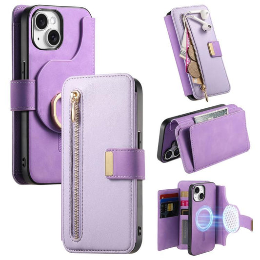 For iPhone 15 Ring Zipper Wallet RFID Blocking MagSafe Leather Phone Case(Purple) - iPhone 15 Cases by buy2fix | Online Shopping UK | buy2fix