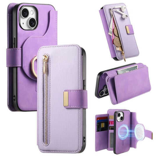 For iPhone 15 Ring Zipper Wallet RFID Blocking MagSafe Leather Phone Case(Purple)