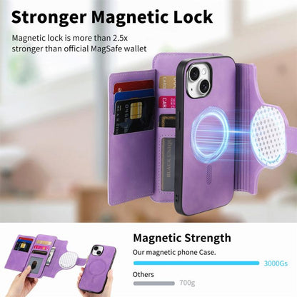 For iPhone 15 Ring Zipper Wallet RFID Blocking MagSafe Leather Phone Case(Purple) - iPhone 15 Cases by buy2fix | Online Shopping UK | buy2fix