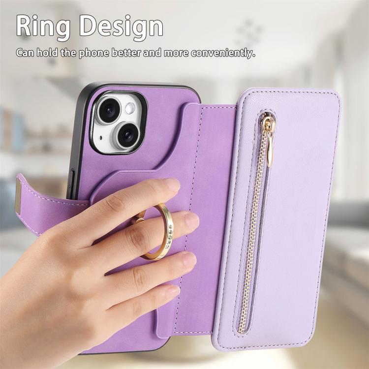 For iPhone 15 Ring Zipper Wallet RFID Blocking MagSafe Leather Phone Case(Purple) - iPhone 15 Cases by buy2fix | Online Shopping UK | buy2fix