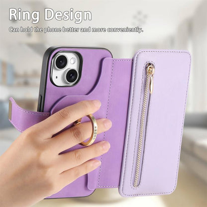 For iPhone 15 Ring Zipper Wallet RFID Blocking MagSafe Leather Phone Case(Purple) - iPhone 15 Cases by buy2fix | Online Shopping UK | buy2fix