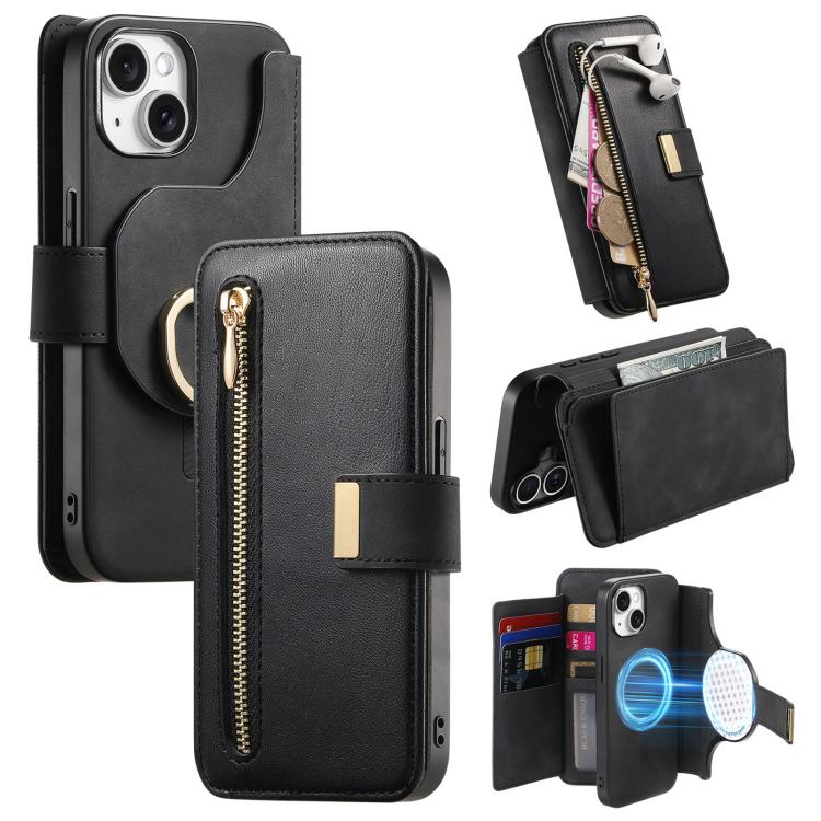 For iPhone 15 Ring Zipper Wallet RFID Blocking MagSafe Leather Phone Case(Black) - iPhone 15 Cases by buy2fix | Online Shopping UK | buy2fix