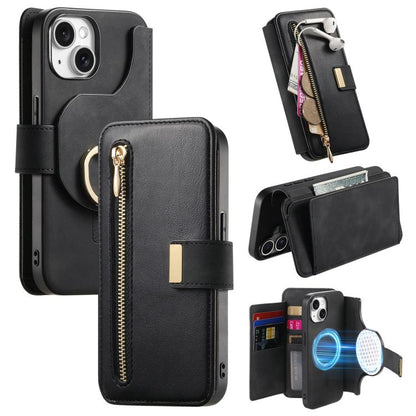For iPhone 15 Ring Zipper Wallet RFID Blocking MagSafe Leather Phone Case(Black) - iPhone 15 Cases by buy2fix | Online Shopping UK | buy2fix