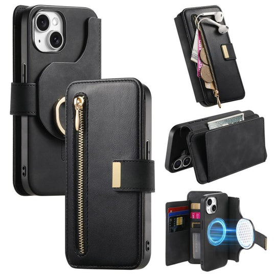 For iPhone 15 Ring Zipper Wallet RFID Blocking MagSafe Leather Phone Case(Black)