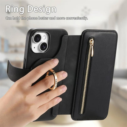 For iPhone 15 Ring Zipper Wallet RFID Blocking MagSafe Leather Phone Case(Black) - iPhone 15 Cases by buy2fix | Online Shopping UK | buy2fix