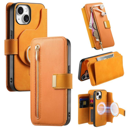 For iPhone 15 Ring Zipper Wallet RFID Blocking MagSafe Leather Phone Case(Orange)