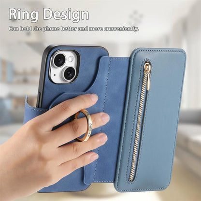 For iPhone 14 Ring Zipper Wallet RFID Blocking MagSafe Leather Phone Case(Blue) - iPhone 14 Cases by buy2fix | Online Shopping UK | buy2fix