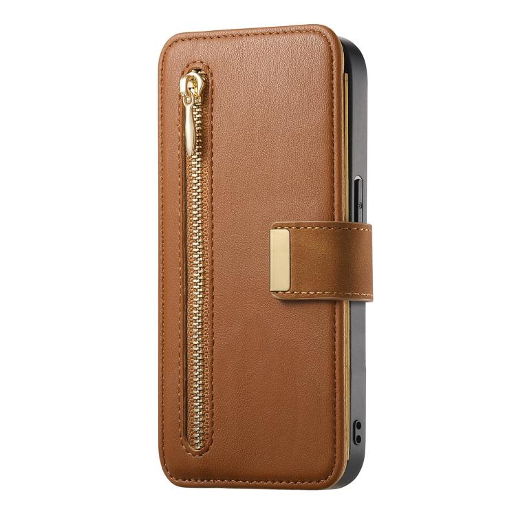 For iPhone 14 Ring Zipper Wallet RFID Blocking MagSafe Leather Phone Case(Brown) - iPhone 14 Cases by buy2fix | Online Shopping UK | buy2fix