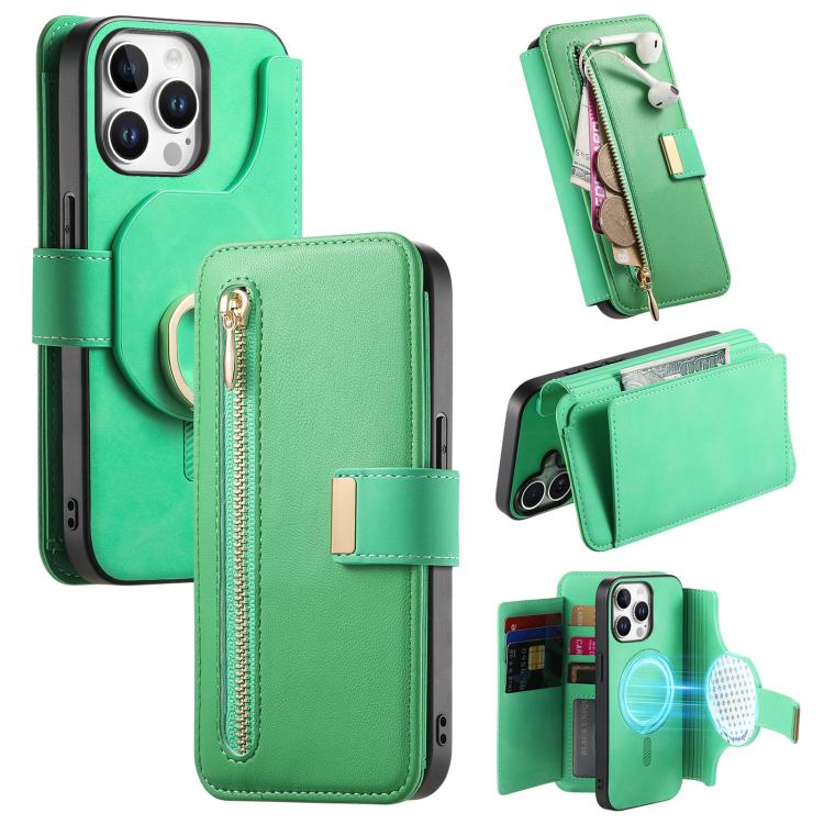 For iPhone 13 Pro Ring Zipper Wallet RFID Blocking MagSafe Leather Phone Case(Green) - iPhone 13 Pro Cases by buy2fix | Online Shopping UK | buy2fix