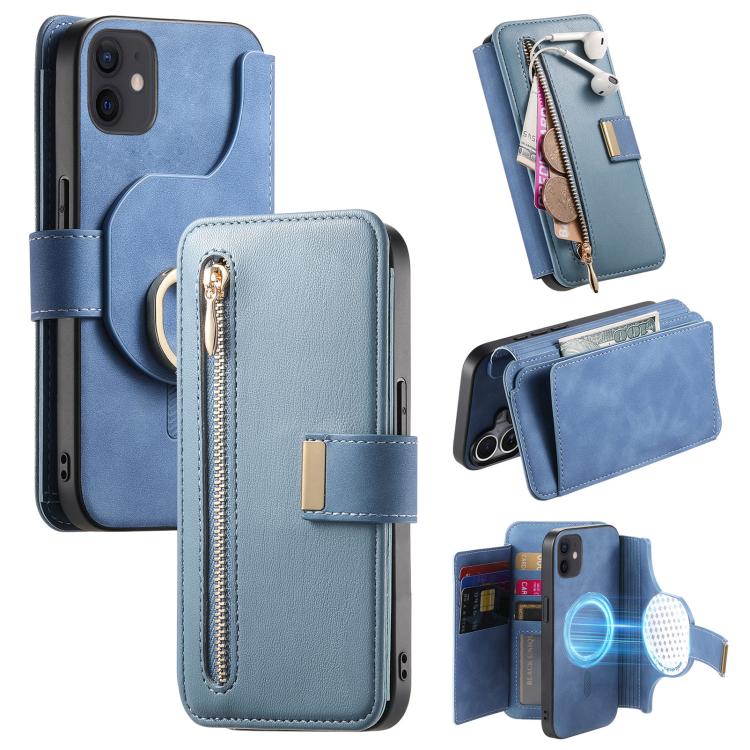 For iPhone 12 / 12 Pro Ring Zipper Wallet RFID Blocking MagSafe Leather Phone Case(Blue) - iPhone 12 / 12 Pro Cases by buy2fix | Online Shopping UK | buy2fix