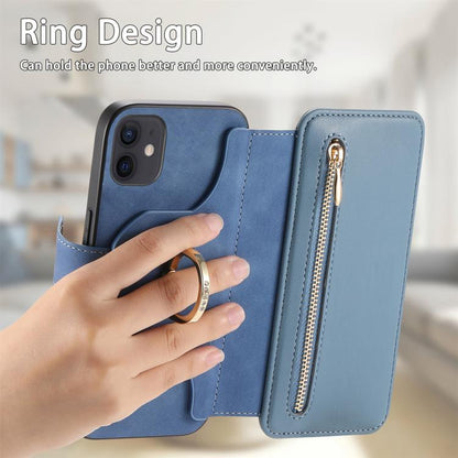 For iPhone 12 / 12 Pro Ring Zipper Wallet RFID Blocking MagSafe Leather Phone Case(Blue) - iPhone 12 / 12 Pro Cases by buy2fix | Online Shopping UK | buy2fix