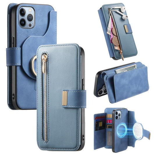 For iPhone 12 Pro Max Ring Zipper Wallet RFID Blocking MagSafe Leather Phone Case(Blue) - iPhone 12 Pro Max Cases by buy2fix | Online Shopping UK | buy2fix