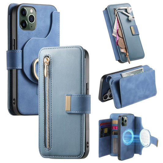 For iPhone 11 Pro Max Ring Zipper Wallet RFID Blocking MagSafe Leather Phone Case(Blue) - iPhone 11 Pro Max Cases by buy2fix | Online Shopping UK | buy2fix