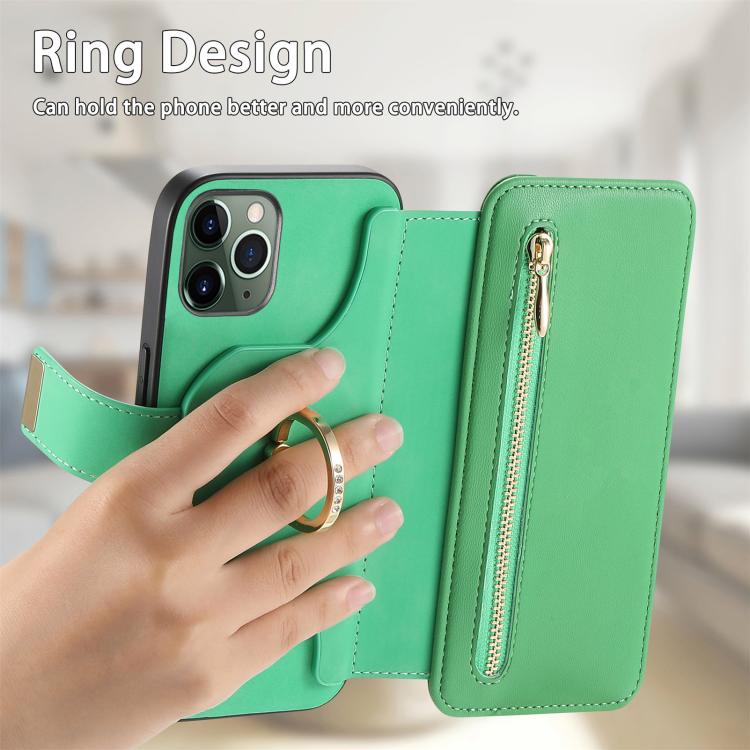 For iPhone 11 Pro Max Ring Zipper Wallet RFID Blocking MagSafe Leather Phone Case(Green) - iPhone 11 Pro Max Cases by buy2fix | Online Shopping UK | buy2fix