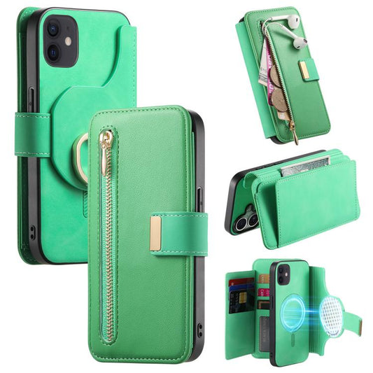 For iPhone 11 Ring Zipper Wallet RFID Blocking MagSafe Leather Phone Case(Green) - iPhone 11 Cases by buy2fix | Online Shopping UK | buy2fix