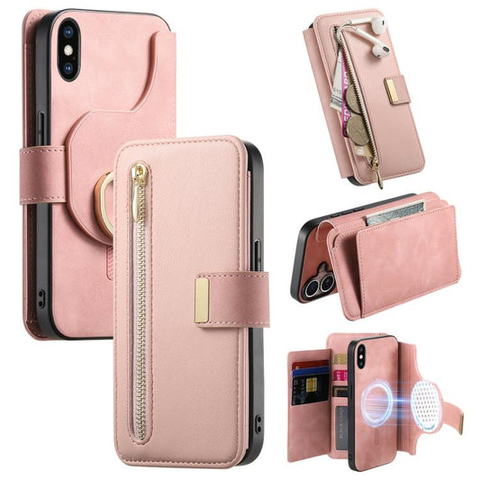 For iPhone X / XS Ring Zipper Wallet RFID Blocking MagSafe Leather Phone Case(Pink) - More iPhone Cases by buy2fix | Online Shopping UK | buy2fix