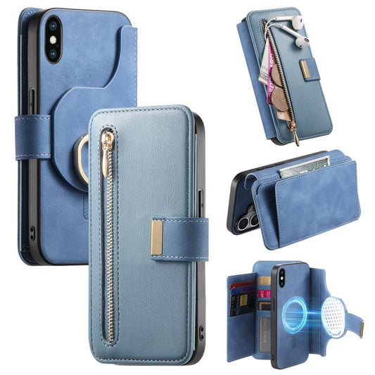 For iPhone X / XS Ring Zipper Wallet RFID Blocking MagSafe Leather Phone Case(Blue) - More iPhone Cases by buy2fix | Online Shopping UK | buy2fix
