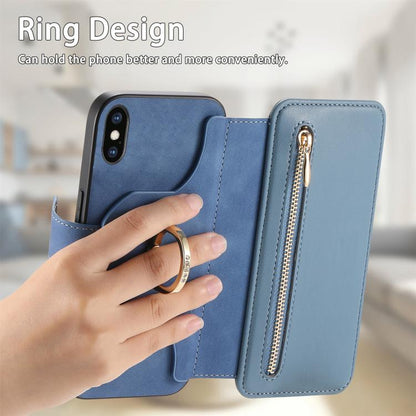 For iPhone X / XS Ring Zipper Wallet RFID Blocking MagSafe Leather Phone Case(Blue) - More iPhone Cases by buy2fix | Online Shopping UK | buy2fix