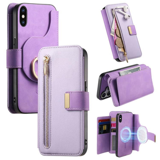 For iPhone X / XS Ring Zipper Wallet RFID Blocking MagSafe Leather Phone Case(Purple) - More iPhone Cases by buy2fix | Online Shopping UK | buy2fix
