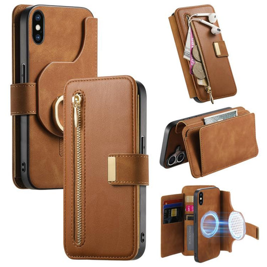 For iPhone X / XS Ring Zipper Wallet RFID Blocking MagSafe Leather Phone Case(Brown) - More iPhone Cases by buy2fix | Online Shopping UK | buy2fix
