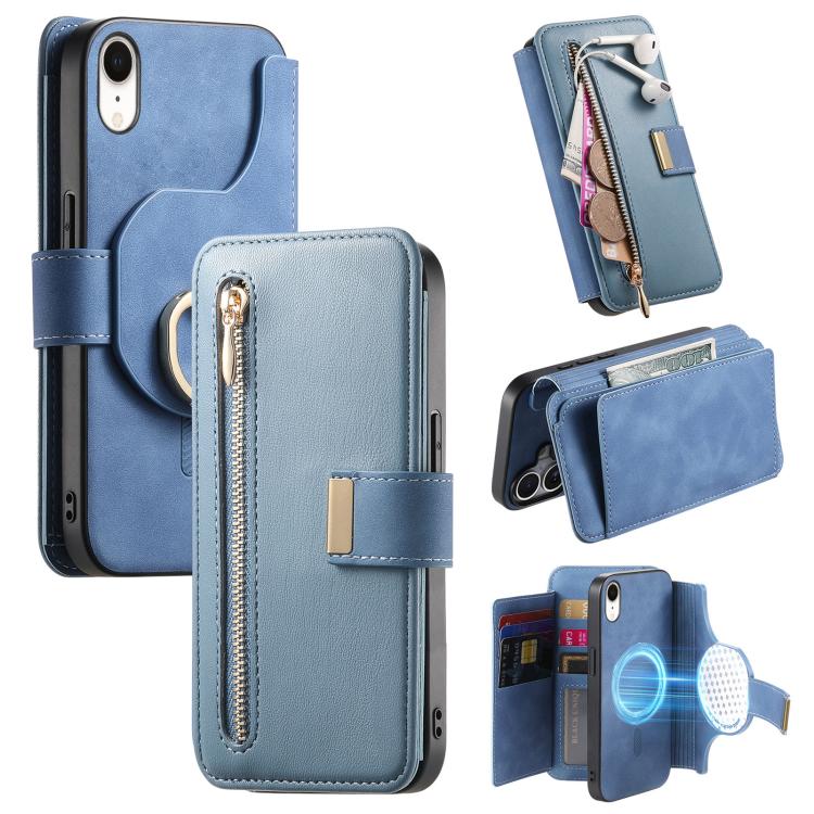 For iPhone XR Ring Zipper Wallet RFID Blocking MagSafe Leather Phone Case(Blue) - More iPhone Cases by buy2fix | Online Shopping UK | buy2fix