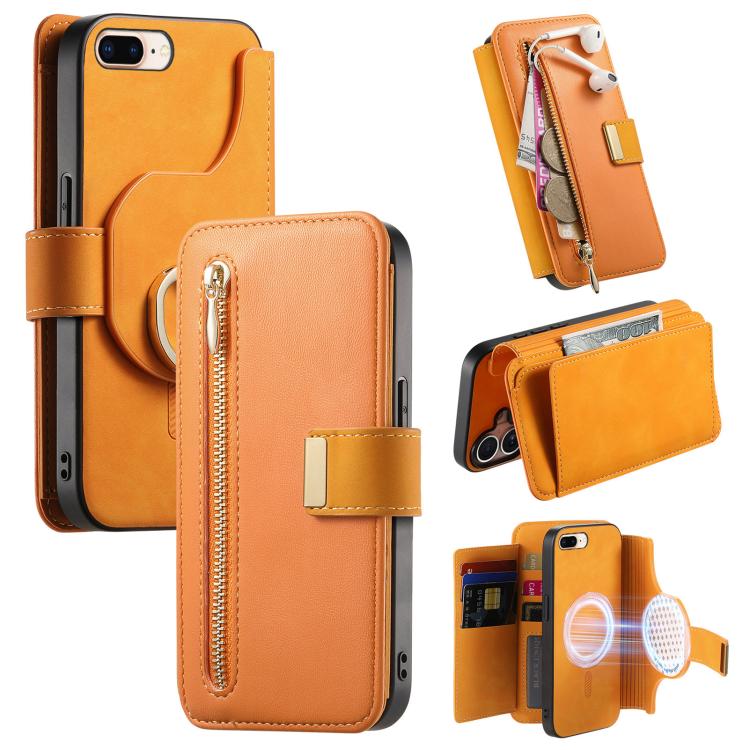 For iPhone 7 Plus / 8 Plus Ring Zipper Wallet RFID Blocking MagSafe Leather Phone Case(Orange) - More iPhone Cases by buy2fix | Online Shopping UK | buy2fix