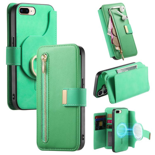 For iPhone 7 Plus / 8 Plus Ring Zipper Wallet RFID Blocking MagSafe Leather Phone Case(Green) - More iPhone Cases by buy2fix | Online Shopping UK | buy2fix