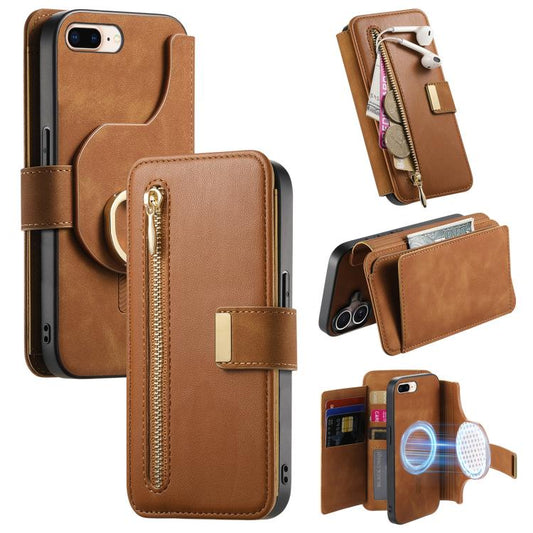 For iPhone 7 Plus / 8 Plus Ring Zipper Wallet RFID Blocking MagSafe Leather Phone Case(Brown) - More iPhone Cases by buy2fix | Online Shopping UK | buy2fix