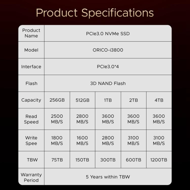 ORICO-i3800 M.2 NVME 2280 SSD, Memory:1TB - External Solid State Drives by ORICO | Online Shopping UK | buy2fix