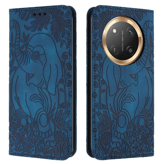 For Honor Magic7 Lite Retro Elephant Embossed Leather Phone Case(Blue)