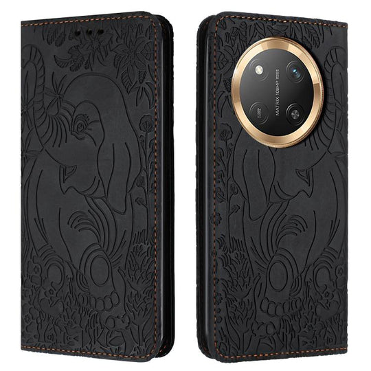 For Honor Magic7 Lite Retro Elephant Embossed Leather Phone Case(Black)