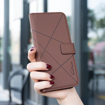 For iPhone 17 Pro Max Geometric Pattern RFID Leather Phone Case(Brown) - iPhone 17 Pro Max Cases by buy2fix | Online Shopping UK | buy2fix